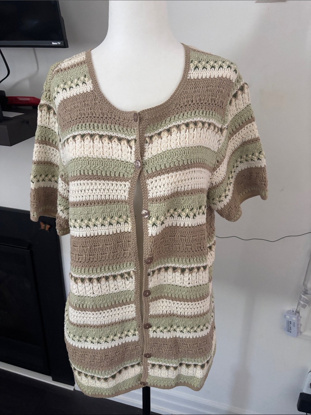 Vintage Traditions Crocheted Short-Sleeve Cardigan Sweater in Sage, Cream & Taup